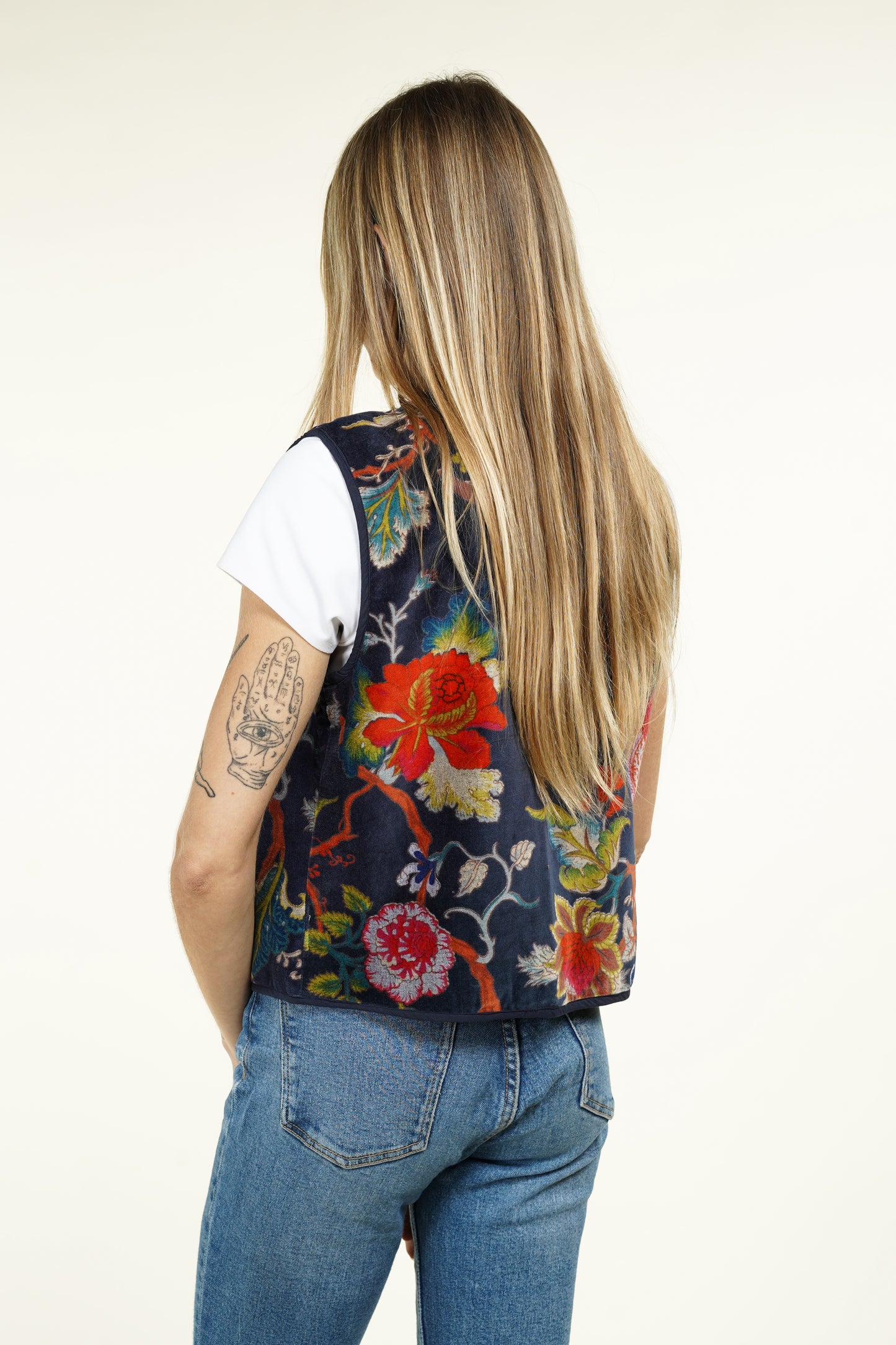 GILET VELOUR BLEU FLORAUX