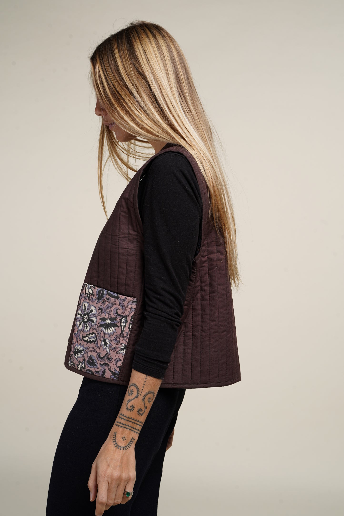 GILET REVERSIBLE BLOCKPRINT FLEURS MARRONS