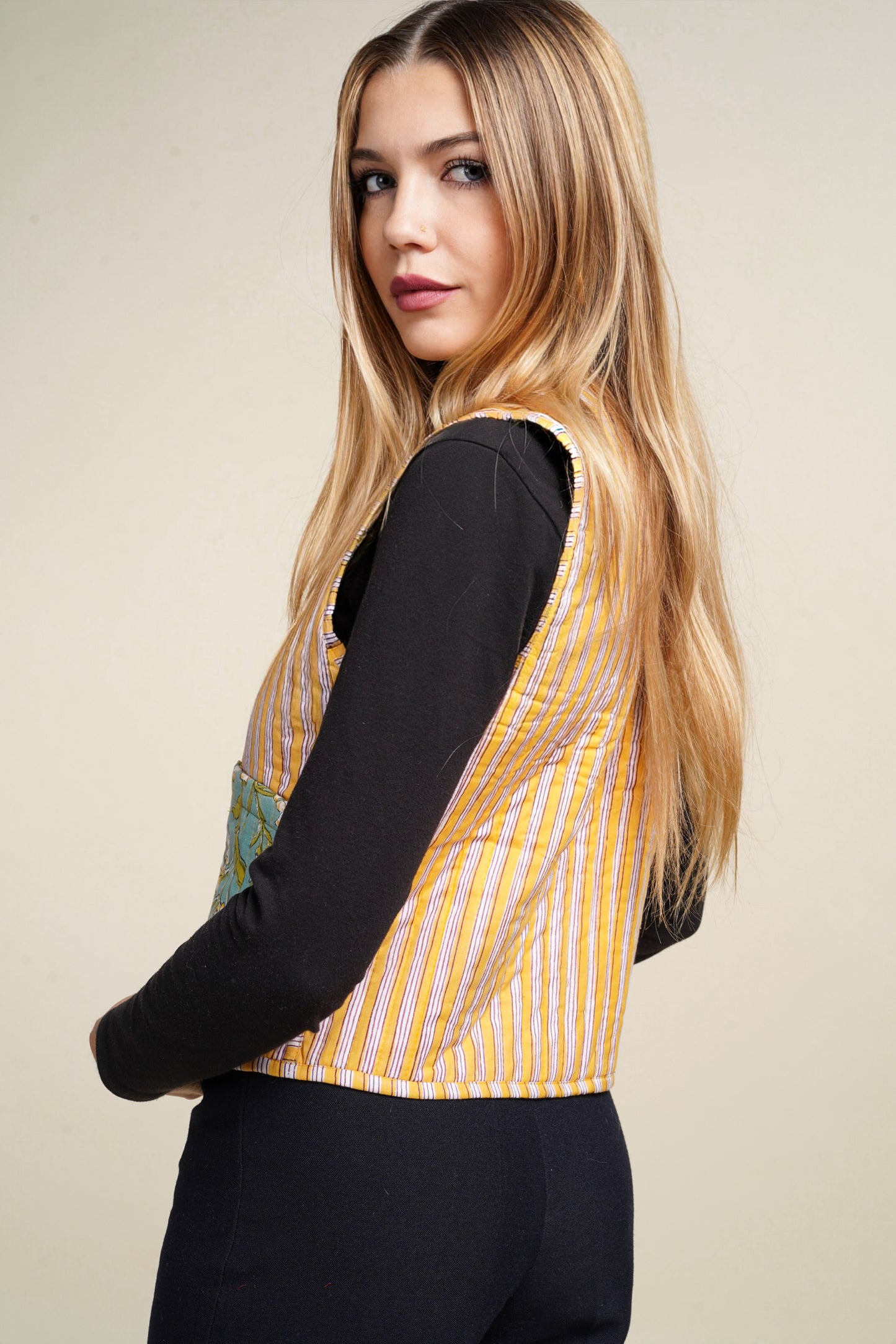 GILET REVERSIBLE BLOCKPRINT FLEURS JAUNES