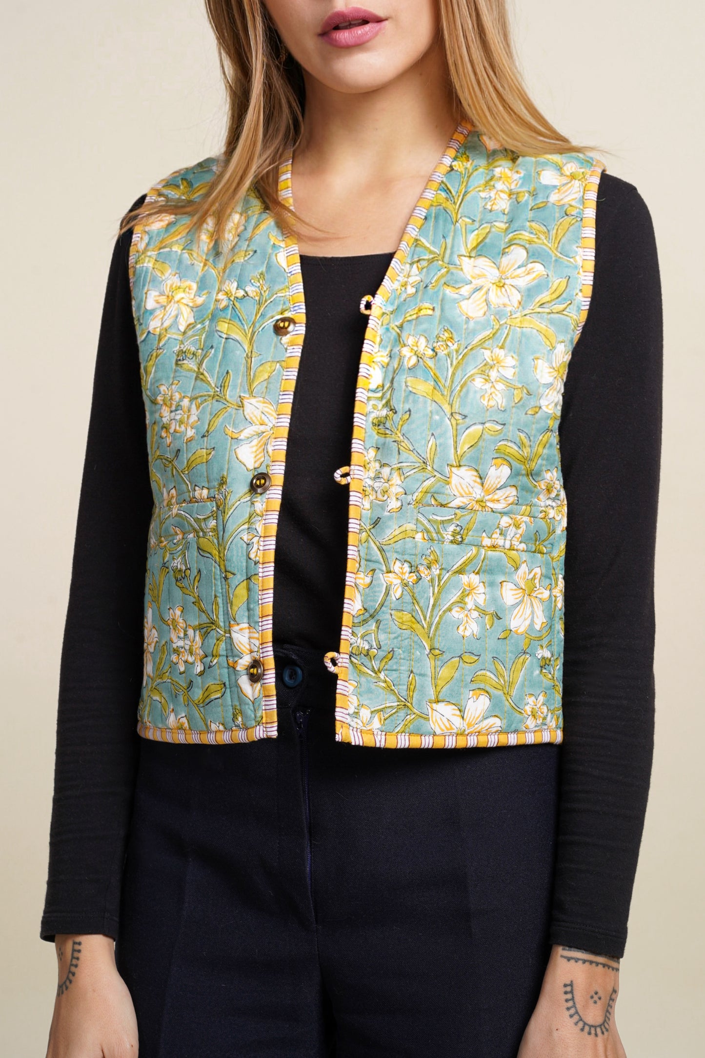 GILET REVERSIBLE BLOCKPRINT FLEURS JAUNES