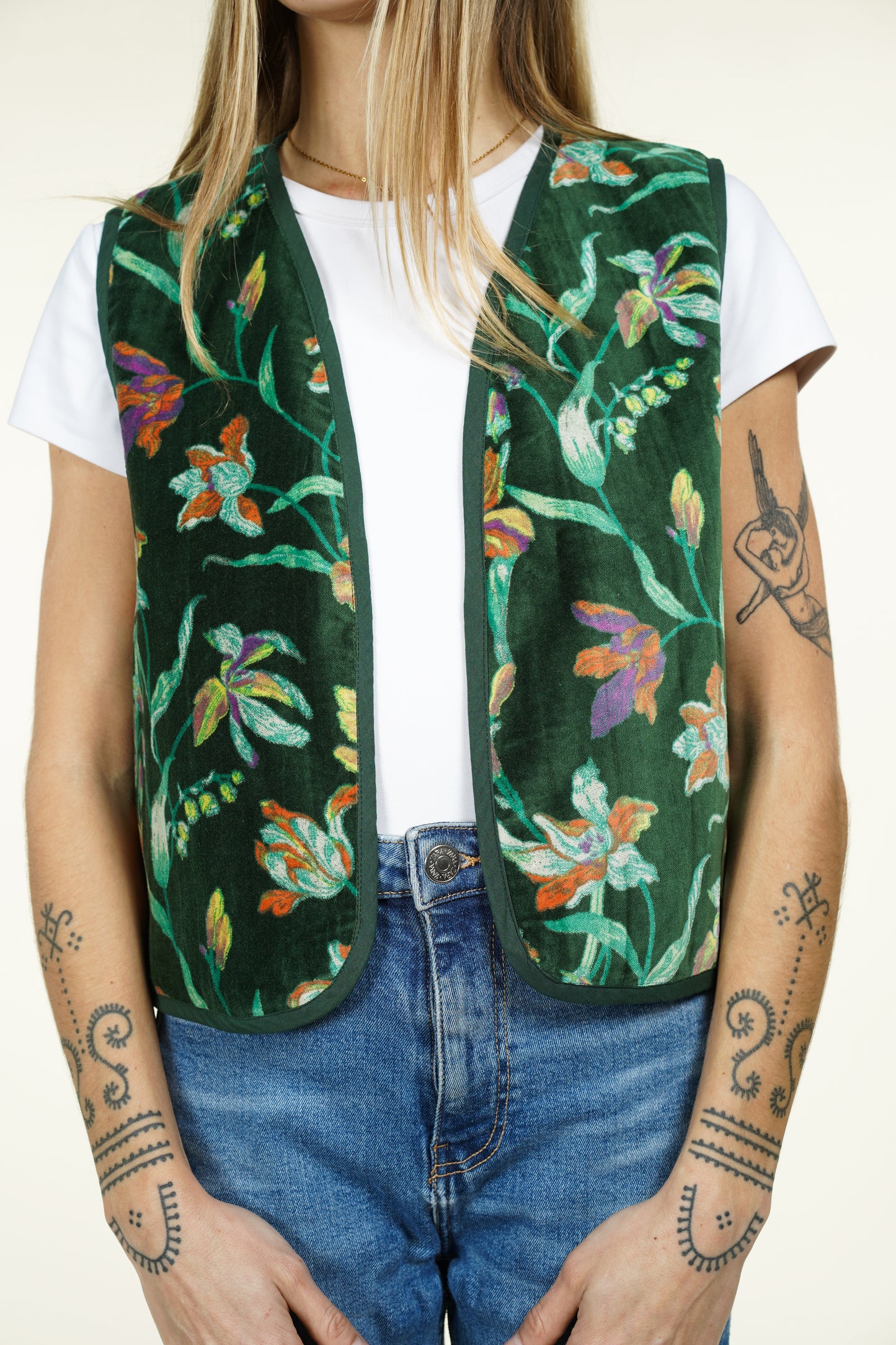 GILET VELOUR VERT FLORAUX