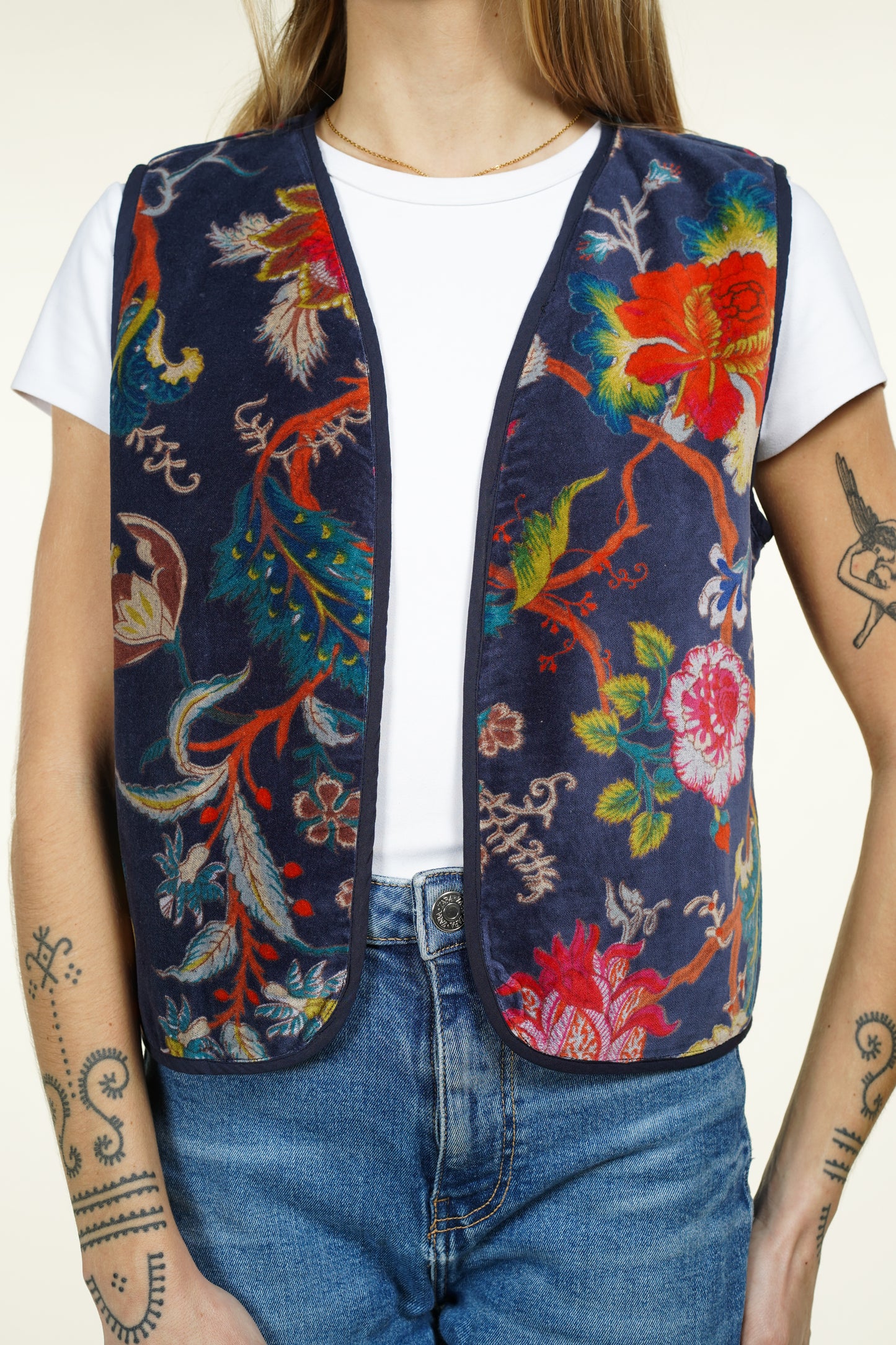 GILET VELOUR BLEU FLORAUX
