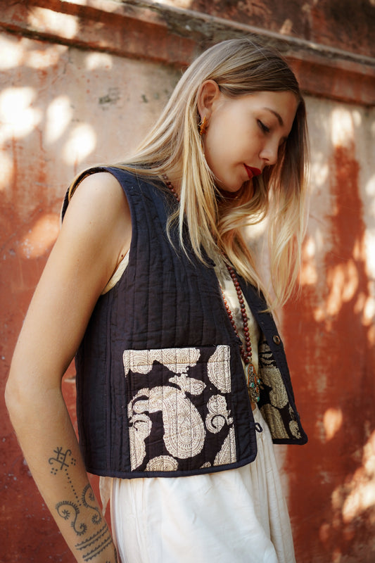 GILET REVERSIBLE BLOCKPRINT PAISLEY NOIR