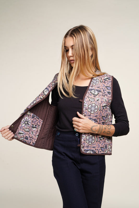 GILET REVERSIBLE BLOCKPRINT FLEURS MARRONS