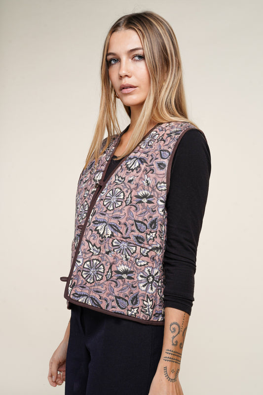 GILET REVERSIBLE BLOCKPRINT FLEURS MARRONS