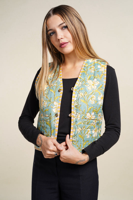 GILET REVERSIBLE BLOCKPRINT FLEURS JAUNES