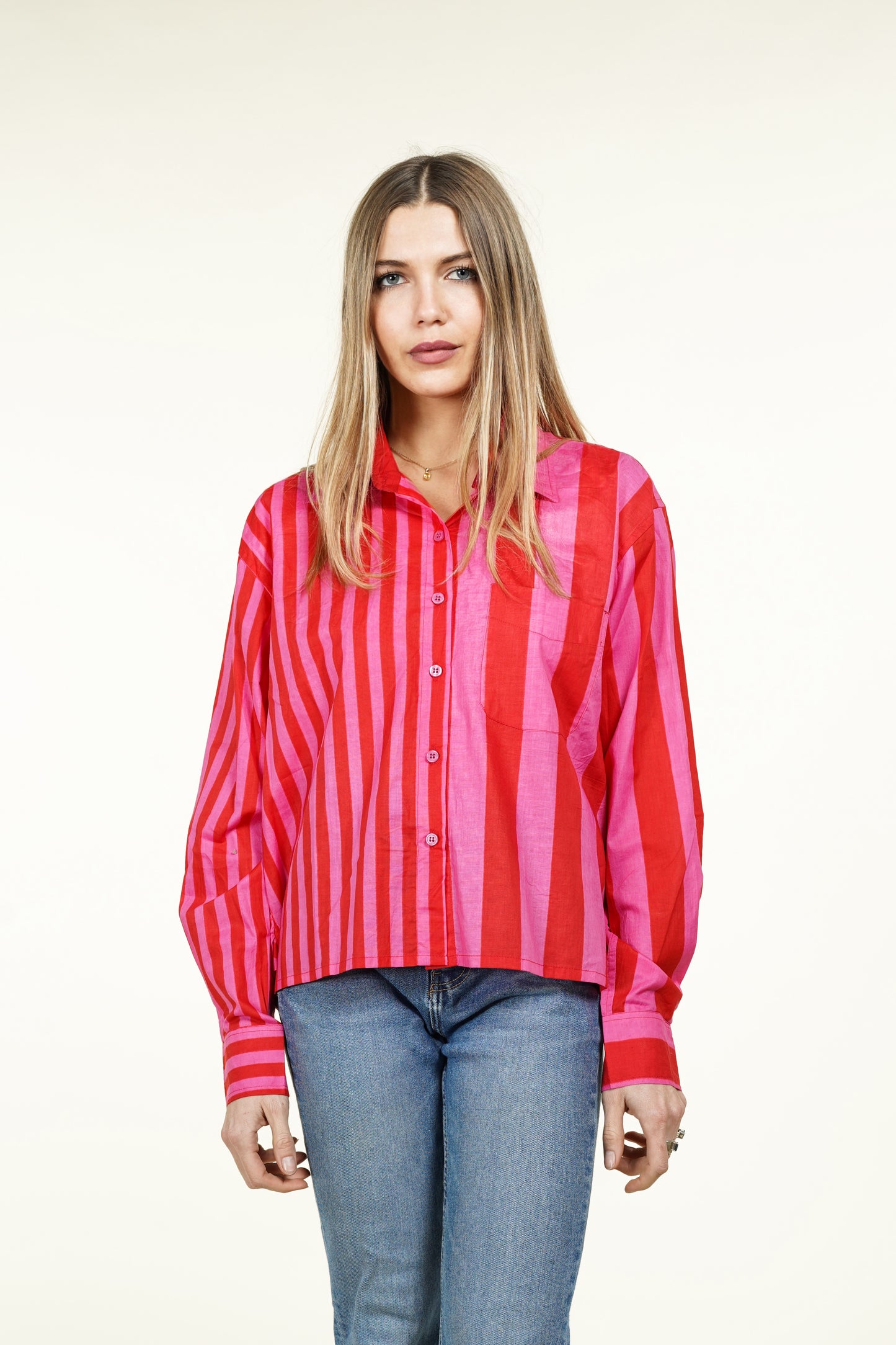 CHEMISE RAYURE ASYMETRIQUE ROUGE ROSE
