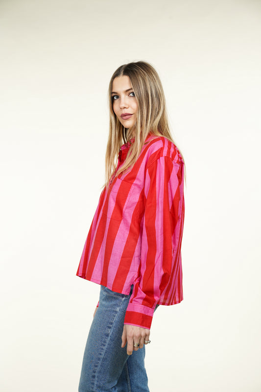 CHEMISE RAYURE ASYMETRIQUE ROUGE ROSE