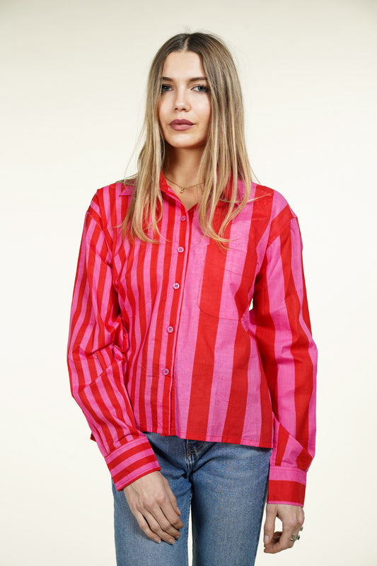 CHEMISE RAYURE ASYMETRIQUE ROUGE ROSE