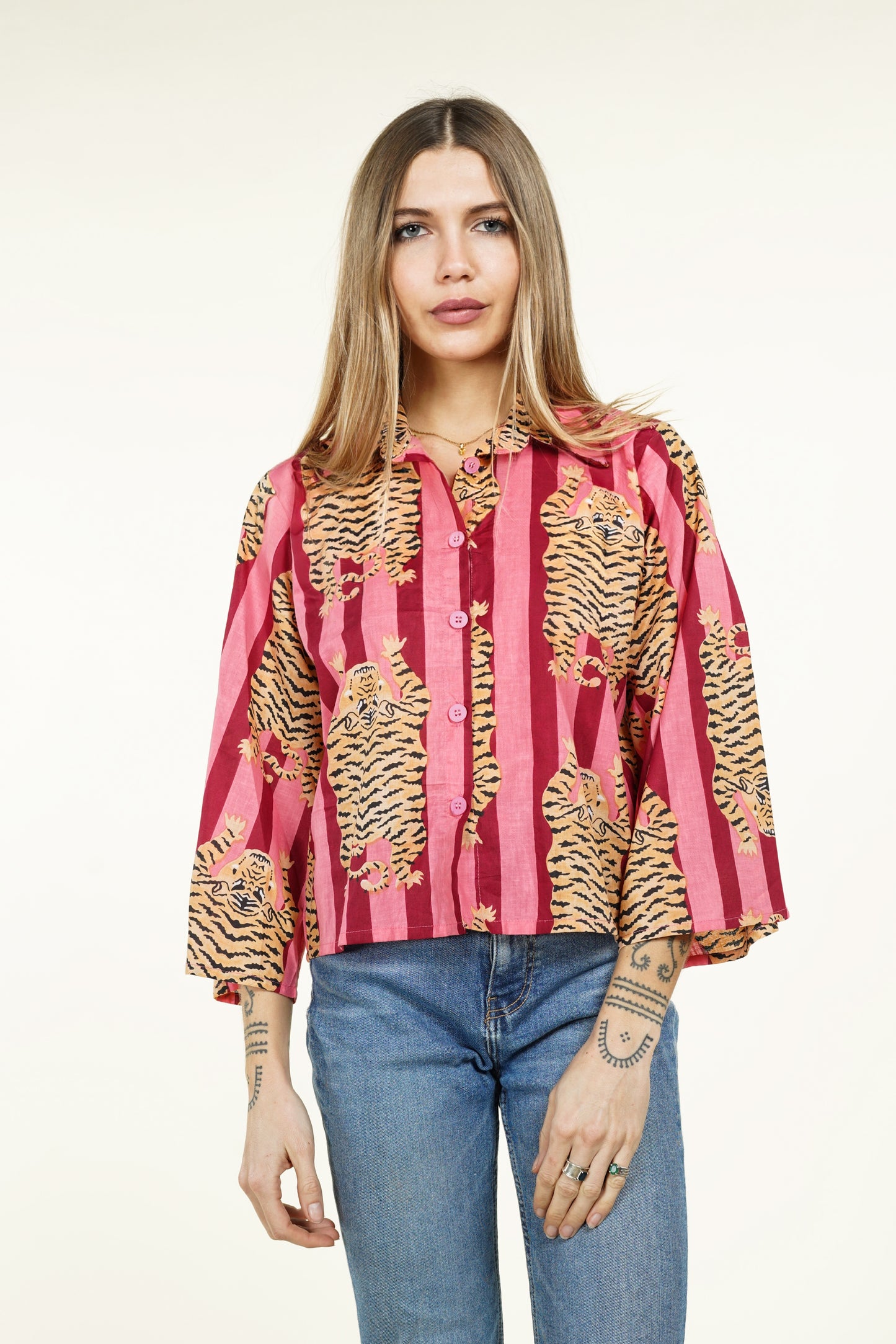 CHEMISE KIMONO TIGRE ROSE
