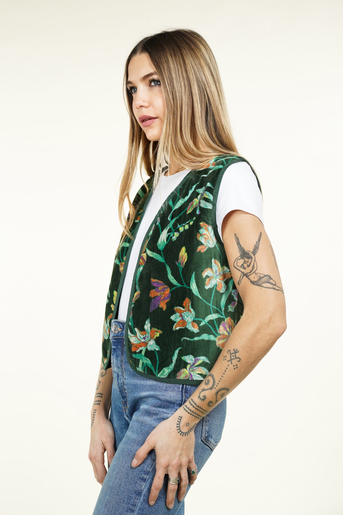 GILET VELOUR VERT FLORAUX