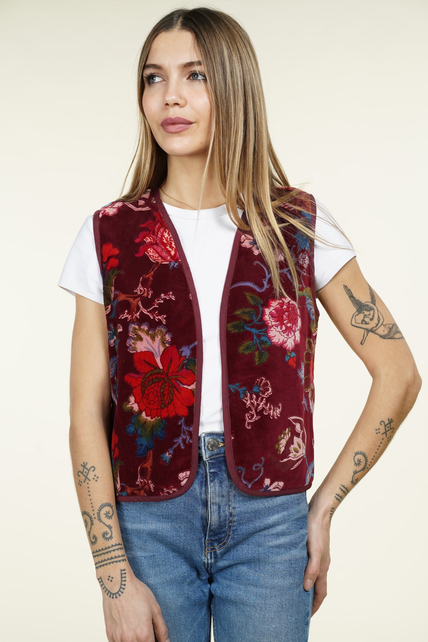 GILET VELOUR BORDEAUX FLORAUX